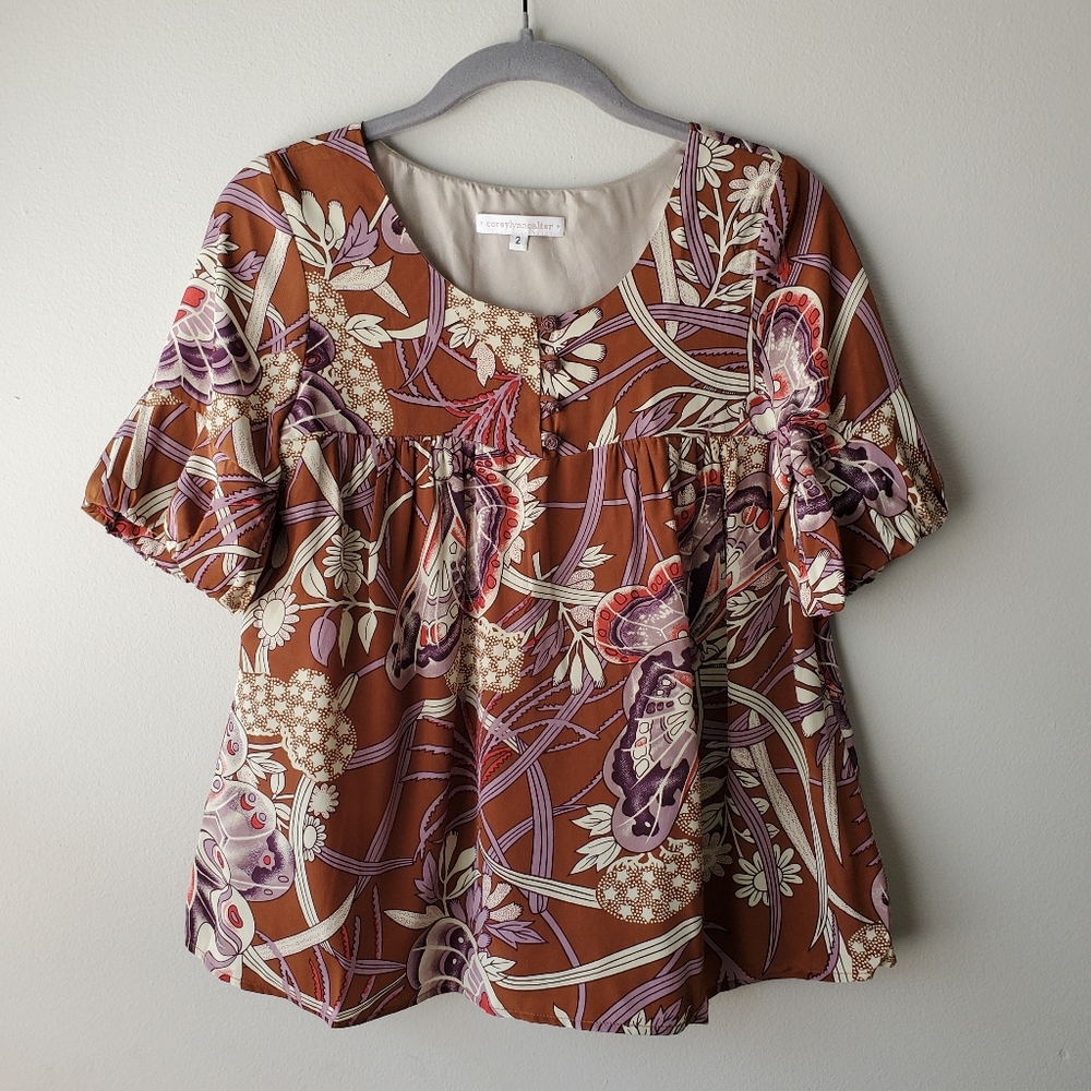 NEW Corey Lynn Calter 100% Silk Babydoll Blouse 2 Butterfly Floral Boho Brown